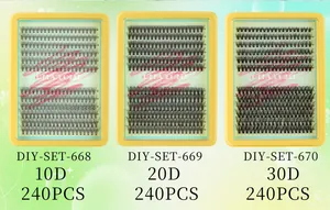 DIY individual cluster lashes set showing 10D 20D 30D density options 240PCS 8-16mm