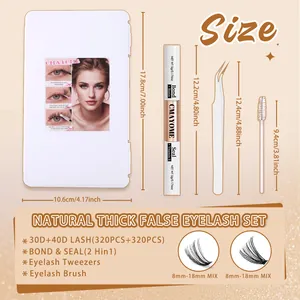 Detailliertes Set mit natürlichen Cluster-Wimpern, Kleber, Pinzette und Bürste mit Maßen