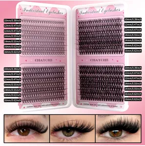 Macro detail of individual eyelash extension clusters in mixed lengths from 10mm to 16mm