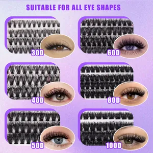 DIY individual lash clusters comparison showing 30D to 100D volume effects for all eye shapes