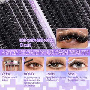 DIY Lash Extension Kit with 50D-100D Clusters, D Curl Black Synthetic Lashes 10-16mm