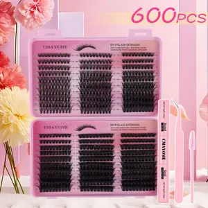 DIY Wimpernverlängerungs-Set mit 600 Clustern, Bond & Seal Kleber und pinker Pinzette