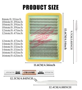Detailed size guide for DIY lash cluster kit showing tray, glue, brush, and tweezer dimensions