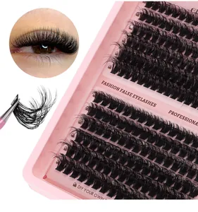 Macro detail of dense individual lash clusters in a pink tray with application tutorial