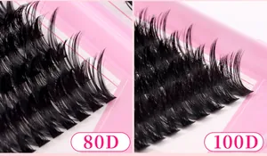 Comparison detail of 80D and 100D volume false eyelashes in a pink display tray