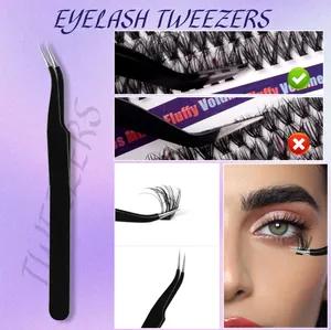 Detail view of precision curved black eyelash tweezers for professional DIY extensions