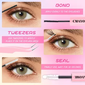 DIY cluster eyelash extension kit with pink bond, seal, and applicator tweezers