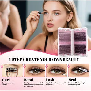 Detail of DIY individual eyelash cluster application steps with pink packaging
