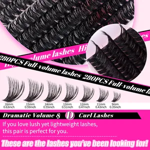 280pcs individual D curl cluster lashes in various lengths from 9mm to 16mm