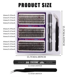 Size guide for DIY lash cluster kit showing lash lengths 10-16mm and tool dimensions