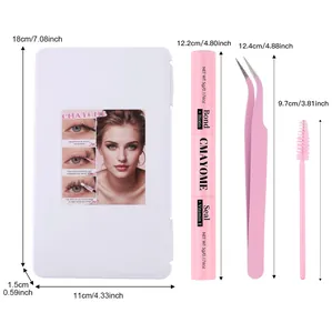 Eyelash extension kit dimensions showing storage box, tweezers, brush and double-sided glue