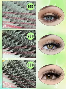 Detail view of 10D, 20D, and 30D individual cluster eyelashes with natural D curl finish