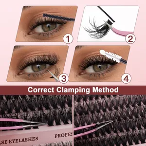 DIY cluster lashes set with application steps, pink tweezers, and dual-end lash brush