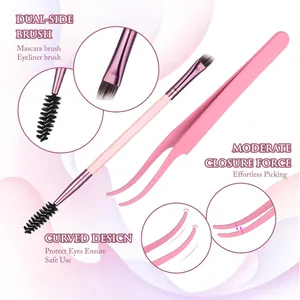 Doppelseitige Wimpernbürste und rosa ergonomische Pinzette für die professionelle Anwendung
