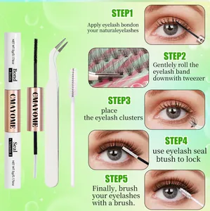 Five-step guide for cluster eyelash extension application with glue, sealer, and tweezers