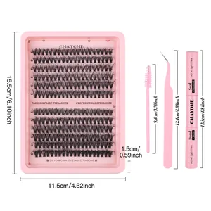DIY cluster lashes extension kit with size measurements and pink accessories on white background