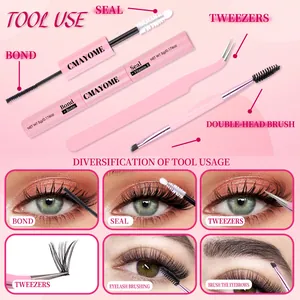 DIY eyelash extension kit with double-ended bond, seal, pink tweezers and spoolie brush