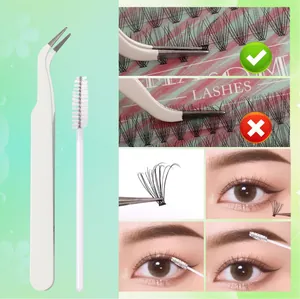 Detailed lash extension kit showing precision tweezers and spiral brush for application