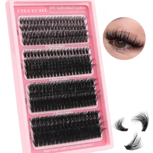 Makro-Detail von DIY Wimpern-Clustern mit 40D bis 100D Dichte auf rosa Tablett