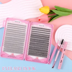 DIY cluster lashes set with pink tweezers, brush, and bond & seal for a natural curly look