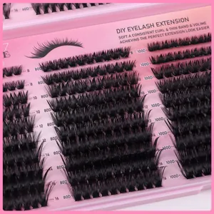 Makro-Detail von 80D und 100D DIY Wimpern-Clustern in Längen von 8 mm bis 16 mm