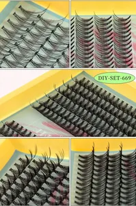 Macro detail of DIY-SET-669 synthetic fiber cluster lash extensions with D-curl curvature