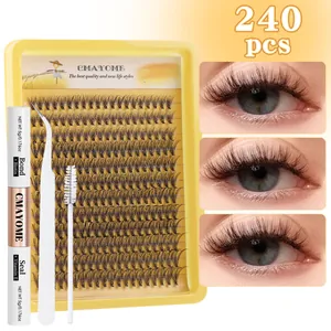 DIY cluster lashes extension kit with 240pcs lashes, bond and seal glue, and tweezers