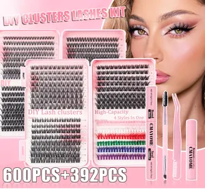 DIY cluster lashes kit with 992 pieces, colorful lash extensions and tools for 3D look