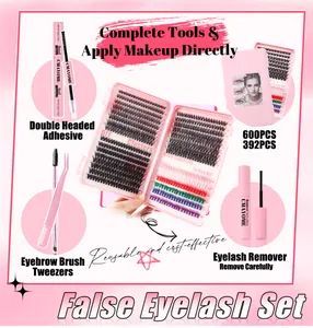 DIY eyelash extension kit with 600pcs mixed colors, dual bond lash glue and pink tools