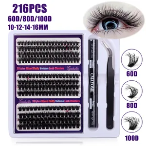 DIY cluster eyelash extension kit with 216 lashes, dual-end bond and seal glue, and tweezers