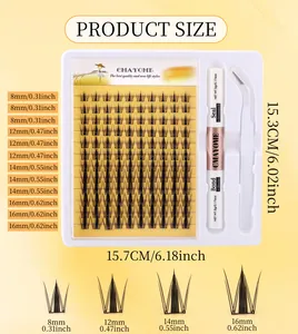 DIY eyelash extension kit size chart showing 8-16mm lengths with glue and tweezers