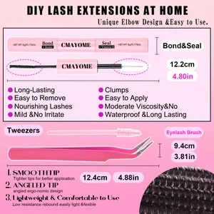 DIY eyelash extension kit showing Bond & Seal glue, pink tweezers, and brush with dimensions