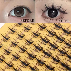 Detail view of 120 clusters of black segment eyelashes showing before and after extension effect