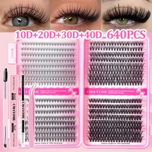 640pcs DIY cluster lash extensions kit with bond, seal, pink wand and tweezers