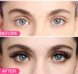 Comparación antes y después de extensiones de pestañas rizadas y densas naturales