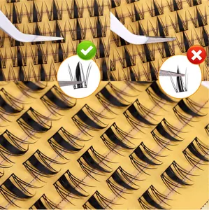 Detail showing correct and incorrect ways to pick up individual cluster eyelashes with tweezers