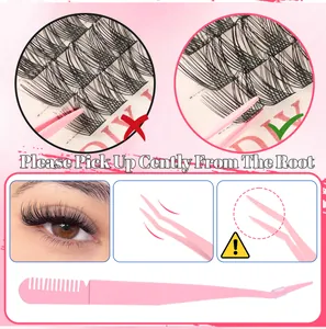 Pink dual-function eyelash tweezers and comb tool with detailed macro usage guide