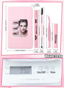 Detail view of pink DIY lash kit components with precise measurements and weight specs
