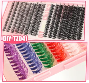 Macro detail of multi-colored DIY lash clusters showing mixed lengths from 9mm to 16mm