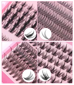 Primer plano de cuatro estilos de extensiones de pestañas en racimo sobre rosa