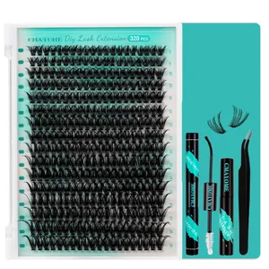 DIY eyelash extension kit featuring 320 cluster lashes with bond, seal, and remover tools