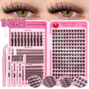 Kit de extensión de pestañas DIY con 547 racimos, pinzas rosas y adhesivo sellador