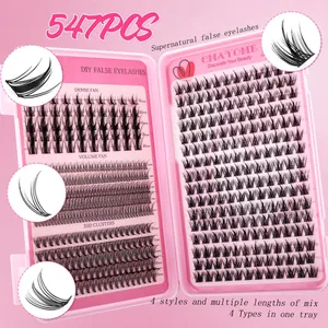 DIY cluster eyelash extension kit with 547 pieces dense volume fans in pink case