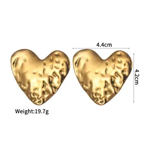 Exaggerated 18K gold-plated stainless steel heart earrings with wrinkled texture surface