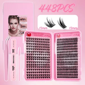 DIY wimperextensie set met 448 zachte wimperclusters en roze applicatie hulpmiddelen