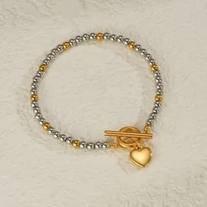 Minimalistisches Perlenarmband aus Edelstahl mit Herzanhänger und OT-Verschluss, Gold und Silber