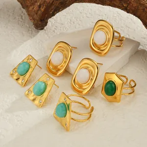 French Vintage 18K Gold Plated Stainless Steel Geometric Jewelry Synthetic Stone Stud Earrings Open Rings Pendant Necklace For Women