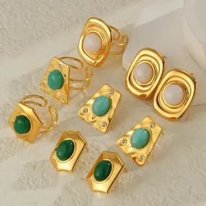 Retro geometric 18K gold plated stainless steel rings and earrings with green stones