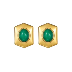 Minimalist 18K gold plated hexagonal stud earrings with oval green gemstone center
