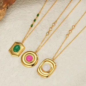 Minimalist 18K gold plated necklaces with green, pink, and white gemstone pendants